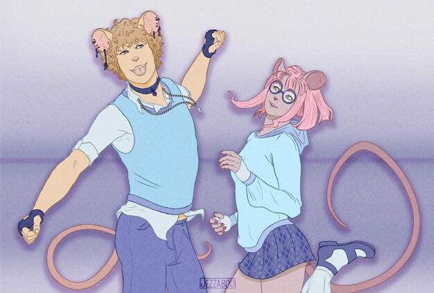 Flat colour, half body, simple BG (+ extra character)